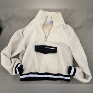 Calvin Klein Jeans Fleece Half Zip Cropped Pullover Sweater with Front Pocket SM